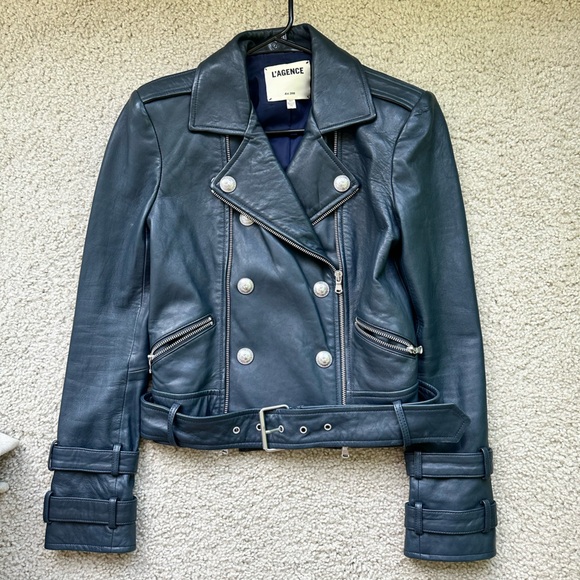 L'AGENCE Billie Belted Leather Jacket  /Coat Midnight Navy XS - Picture 12 of 14